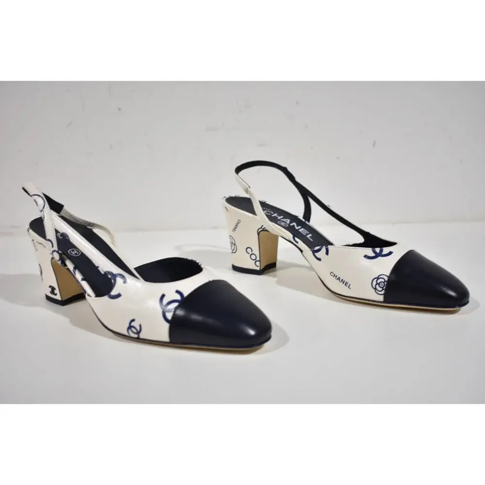 Chanel 23P Mademoiselle Coco Sling White Blue CC Logo Slingback Sandal Heel 40 - Picture 2 of 10